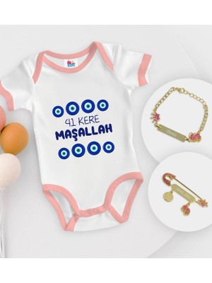 BK Gift Bk Kids Kişiye Özel Maşallah Tasarımlı Pembe Bebek Body Zıbın Kız Bebek Künyesi ve Iğnesi Hediye Seti-2 6 - 9 Ay