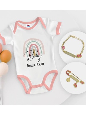 BK Gift Bk Kids Kişiye Özel Baby Tasarımlı Pembe Bebek Body Zıbın Kız Bebek Künyesi ve Iğnesi Hediye Seti-1 6 - 9 Ay