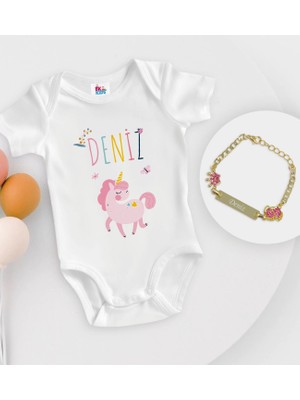 BK Gift Bk Kids Kişiye Özel Isimli Beyaz Bebek Body Zıbın ve Kız Bebek Künyesi Hediye Seti-4 3-6 Ay