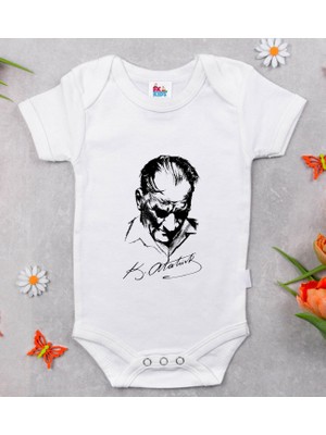BK Gift Bk Kids Atatürk Temalı Beyaz Bebek Body Zıbın-28 0-3 Ay