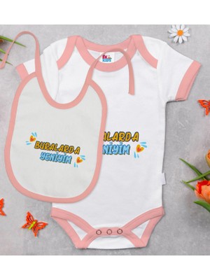 BK Gift Bk Kids Buralarda Yeniyim Tasarımlı Pembe Bebek Body Zıbın ve Mama Önlüğü Hediye Seti-1 0-3 Ay