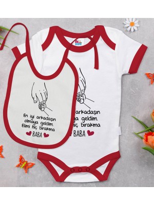 BK Gift Bk Kids En Iyi Arkadaşın Olmaya Geldim Tasarımlı Kırmızı Bebek Body Zıbın ve Mama Önlüğü Hediye Seti-1 3-6 Ay
