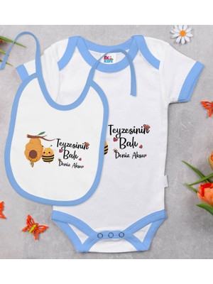 BK Gift Bk Kids Kişiye Özel Teyzesinin Balı Tasarımlı Mavi Bebek Body Zıbın ve Mama Önlüğü Hediye Seti 9-12 Ay
