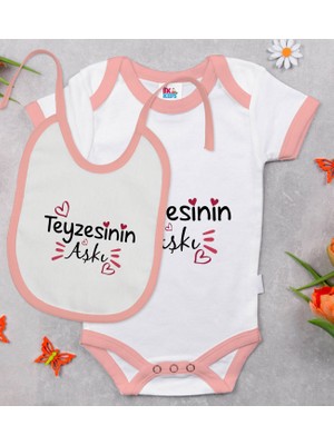 BK Gift Bk Kids Teyzesinin Aşkı Tasarımlı Pembe Bebek Body Zıbın ve Mama Önlüğü Hediye Seti-1 9-12 Ay