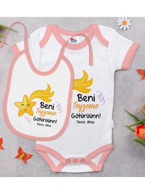 BK Gift Bk Kids Kişiye Özel Beni Teyzeme Götürün Tasarımlı Pembe Bebek Body Zıbın ve Mama Önlüğü Hediye Seti 9-12 Ay