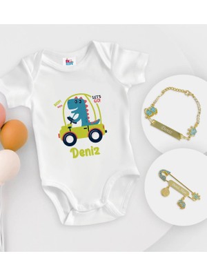BK Gift Bk Kids Kişiye Özel Isimli Beyaz Bebek Body Zıbın Erkek Bebek Künyesi ve Iğnesi Hediye Seti-34 6 - 9 Ay