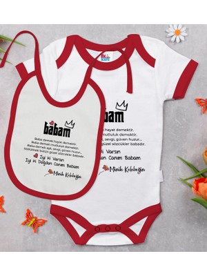 BK Gift Bk Kids Canım Babam Tasarımlı Kırmızı Bebek Body Zıbın ve Mama Önlüğü Hediye Seti-1 3-6 Ay