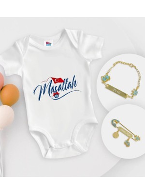 BK Gift Bk Kids Kişiye Özel Maşallah Tasarımlı Beyaz Bebek Body Zıbın Erkek Bebek Künyesi ve Iğnesi Hediye Seti-3 6 - 9 Ay