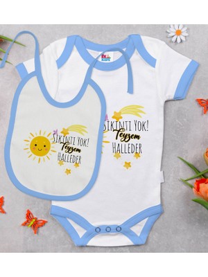 BK Gift Bk Kids Sıkıntı Yok Teyzem Halleder Tasarımlı Mavi Bebek Body Zıbın ve Mama Önlüğü Hediye Seti-1 12-18 Ay