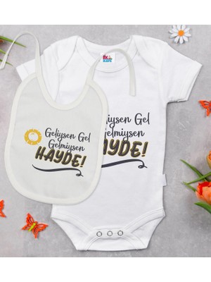 BK Gift Bk Kids Geliysen Gel Tasarımlı Beyaz Bebek Body Zıbın ve Mama Önlüğü Hediye Seti-1 0-3 Ay