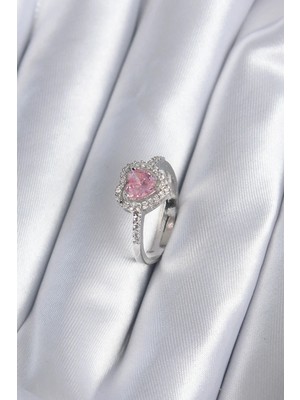 Ersert Kalp Charm Yüzük Pembe Zirkon 1 Adet Gümüş Renk