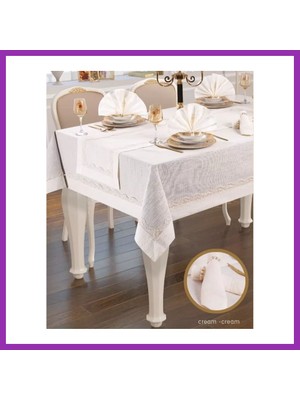 Salmore Liana Krem-Krem 12 Kişilik 26 Parça 155 × 220 cm Zarif Şık Sofra Masa Seti Bty