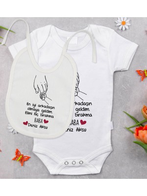 BK Gift Bk Kids Kişiye Özel En Iyi Arkadaşın Olmaya Geldim Tasarımlı Bebek Body Zıbın ve Mama Önlüğü Hediye Seti - Model 1 0-3 Ay