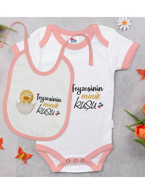 BK Gift Bk Kids Teyzesinin Minik Kuşu Tasarımlı Pembe Bebek Body Zıbın ve Mama Önlüğü Hediye Seti-1 3-6 Ay