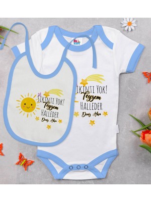 BK Gift Bk Kids Kişiye Özel Sıkıntı Yok Teyzem Halleder Tasarımlı Mavi Bebek Body Zıbın ve Mama Önlüğü Hediye Seti 6 - 9 Ay