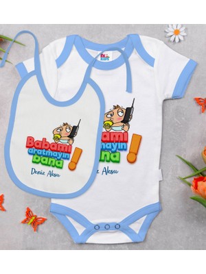 BK Gift Bk Kids Kişiye Özel Babamı Aratmayın Tasarımlı Mavi Bebek Body Zıbın ve Mama Önlüğü Hediye Seti-1 12-18 Ay