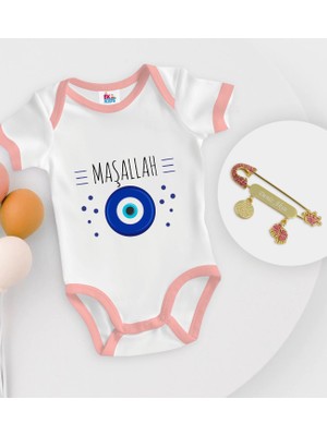 BK Gift Bk Kids Kişiye Özel Maşallah Tasarımlı Pembe Bebek Body Zıbın ve Kız Bebek Iğnesi Hediye Seti-1 3-6 Ay