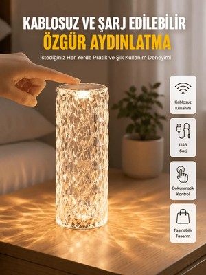 Ersert Ers Yeni Nesil Modern Kristal Masa ve Gece Lambası Dokunmatik Renk Değiştirebilen