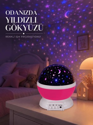 Ersert Ers Pembe Döner Yıldız Projektörü USB ve Pilli Kullanımlı Gece Lambası