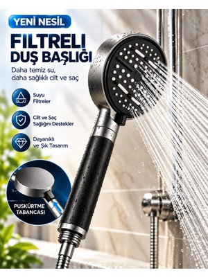 Ersert Ers Modern Tasarımlı 6 Modlu Filtreli Duş Başlığı Büyük Panel Metalik Siyah Duş Aparatı