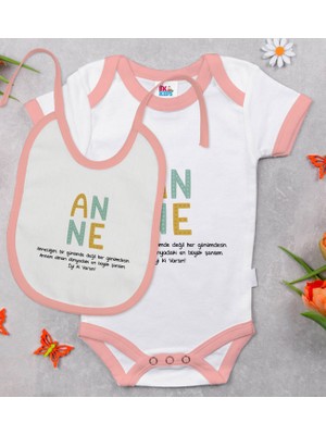 BK Gift Bk Kids Anne Tasarımlı Pembe Bebek Body Zıbın ve Mama Önlüğü Hediye Seti-1 6 - 9 Ay