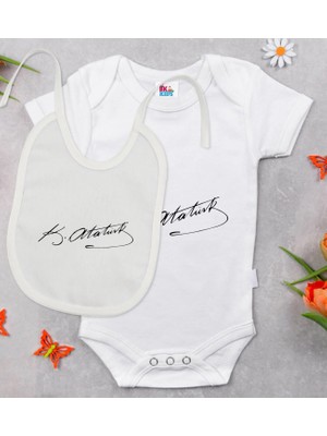 BK Gift Bk Kids Atatürk Temalı Beyaz Bebek Body Zıbın ve Mama Önlüğü Hediye Seti-29 3-6 Ay