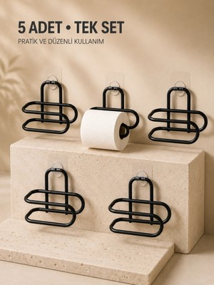 Ersert Ers Delmeden Monte Tuvalet Kağıdı Askısı Siyah Metal Yapışkanlı Banyo Kağıtlığı 5’li Set