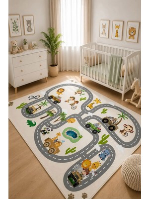 STY Home Safari Beyaz Çocuk Oyun Halısı Kaymaz Makinede Yıkanabilir Eğitici Bebek ve Çocuk Odası Halısı OYUN65