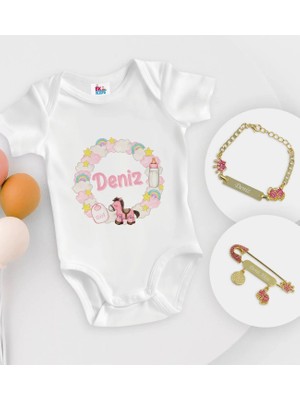 BK Gift Bk Kids Kişiye Özel Isimli Beyaz Bebek Body Zıbın Kız Bebek Künyesi ve Iğnesi Hediye Seti-24 3-6 Ay