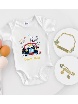BK Gift Bk Kids Kişiye Özel Sevimli Sürücü Tasarımlı Beyaz Bebek Body Zıbın Erkek Bebek Künyesi ve Iğnesi Hediye Seti-1 3-6 Ay