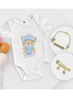 BK Gift Bk Kids Kişiye Özel Isimli Beyaz Bebek Body Zıbın Erkek Bebek Künyesi ve Iğnesi Hediye Seti-7 3-6 Ay