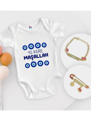 BK Gift Bk Kids Kişiye Özel Maşallah Tasarımlı Beyaz Bebek Body Zıbın Kız Bebek Künyesi ve Iğnesi Hediye Seti-2 6 - 9 Ay