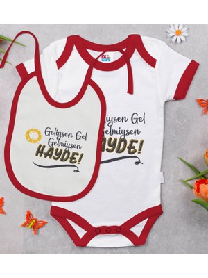 BK Gift Bk Kids Geliysen Gel Tasarımlı Kırmızı Bebek Body Zıbın ve Mama Önlüğü Hediye Seti-1 9-12 Ay