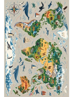 Kartela Halı Dünya Kaşifi Çocuk Oyun Halısı Kaymaz Dot Taban Yıkanabilir 60 x 90 cm