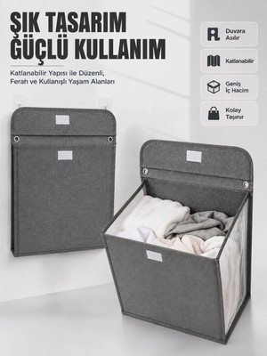 Ersert Ers- Duvara Asılabilir Katlanabilir Kirli Çamaşır Sepeti Geniş Hacimli Düzenleyici