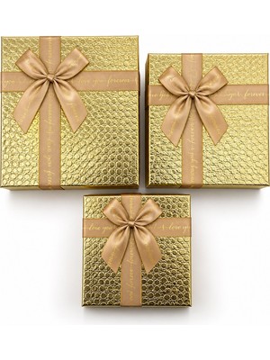 Relatos 3pcs Kare Parlak Mix Renkli - Kabartma Desen Karton Hediye Kutusu Kurdelalı 19-17-15CM