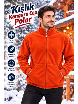 Unisex Rüzgar Geçirmez Outdoor Tam Fermuarlı Kanguru Cepli Polar Ceket Hırka