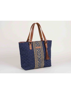 Mavicenza Kadın Lacivert Kot Kol Çantası Etnik Desenli Püsküllü Denim Omuz Çantası 33X28X10 cm