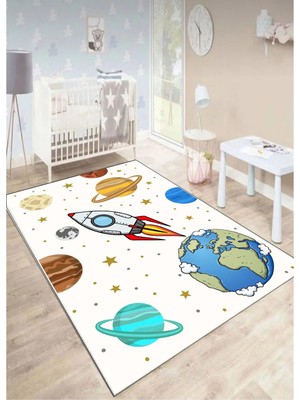 STY Home Uzay Astronot Çocuk Oyun Halısı Kaymaz Makinede Yıkanabilir Eğitici Bebek ve Çocuk Odası Halısı OYUN75