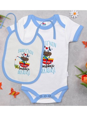 BK Gift Bk Kids Babasının Balıkçı Arkadaşı Tasarımlı Mavi Bebek Body Zıbın ve Mama Önlüğü Hediye Seti-1 0-3 Ay
