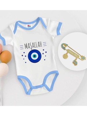 BK Gift Bk Kids Kişiye Özel Maşallah Tasarımlı Mavi Bebek Body Zıbın ve Erkek Bebek Iğnesi Hediye Seti-1 12-18 Ay