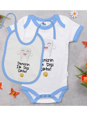 BK Gift Bk Kids Kişiye Özel Ilk Diş Tasarımlı Mavi Bebek Body Zıbın ve Mama Önlüğü Hediye Seti 6 - 9 Ay