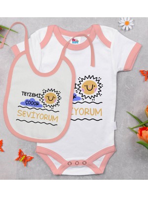 BK Gift Bk Kids Teyzemi Çok Seviyorum Tasarımlı Pembe Bebek Body Zıbın ve Mama Önlüğü Hediye Seti-1 6 - 9 Ay