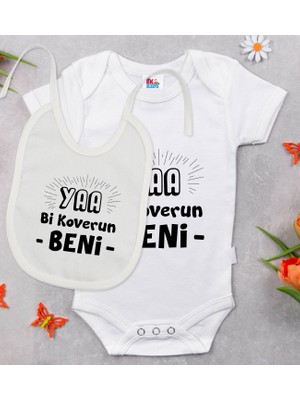 BK Gift Bk Kids Koverun Beni Tasarımlı Beyaz Bebek Body Zıbın ve Mama Önlüğü Hediye Seti-1 3-6 Ay