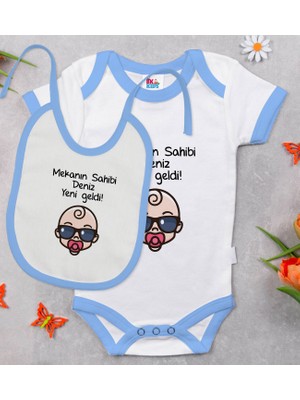 BK Gift Bk Kids Kişiye Özel Mekanın Sahibi Geldi Tasarımlı Mavi Bebek Body Zıbın ve Mama Önlüğü Hediye Seti 0-3 Ay