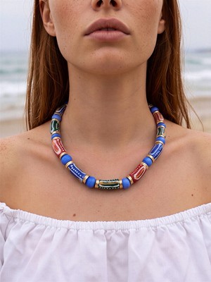 Fem Bijoux El Yapımı Etnik Cam Boncuklu Kadın Kolye - Renkli Bohem Seramik ve Boru Boncuk Tasarım Choker Kolye