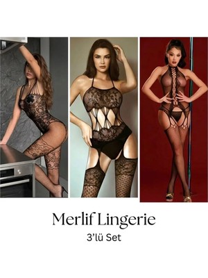 Merlif Lingerie Kadın Siyah 3'lü Vücut Çorabı, Fantazii, Seksii, Fantazzi, içgiyim Sevgililer Günü, Yılbaşı, Yeniyıl