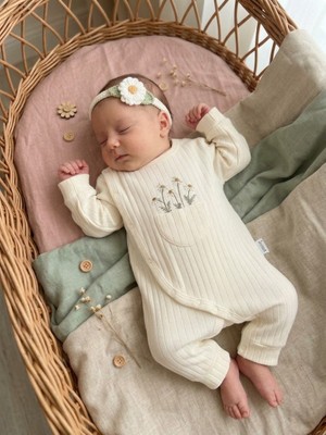 Fındık Bebek Tulum ve Örgü Bandana Set- Papatya Baskılı-Pamuklu