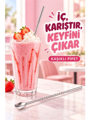 Mucit Home Kaşıklı Milkshake Pipeti Gümüş Paslanmaz Çelik 6'lı Pipet Seti+ 1 Adet Temizleme Fırçası