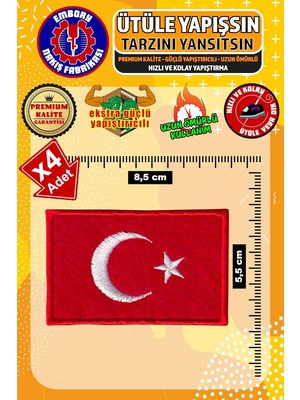 Universal Ütü ile Yapışan Arma Yama, Türk Bayrağı Dikdörtgen (4 Adet) Ütüyle Yapışan Nakış Dokuma Aplike Patch